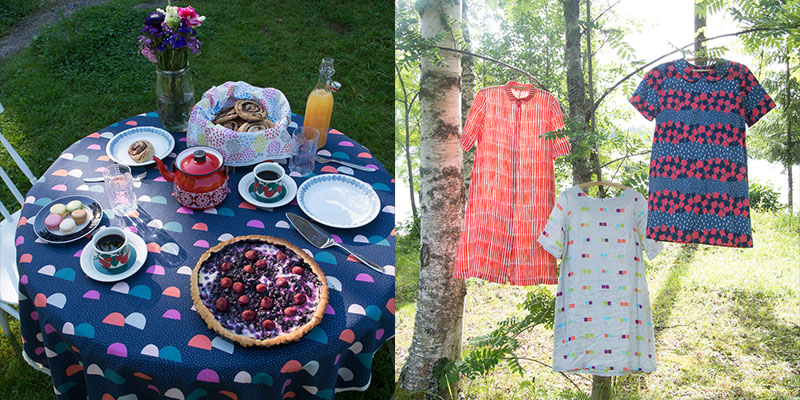 左：コッカで展開中の島塚さんのレーベル、「PIKKU SAARI（群島）」のカタログ写真。短い夏を愛しむ北欧のホームパーティーの様子がうかがえる。 / 右：左から「Coco」「Paripala」と、後にフィンランドのニーニスト大統領夫人も着用した「Kukkasde」柄のファッションアイテム。いずれのデザインもマリメッコで採用され、人気を博した。