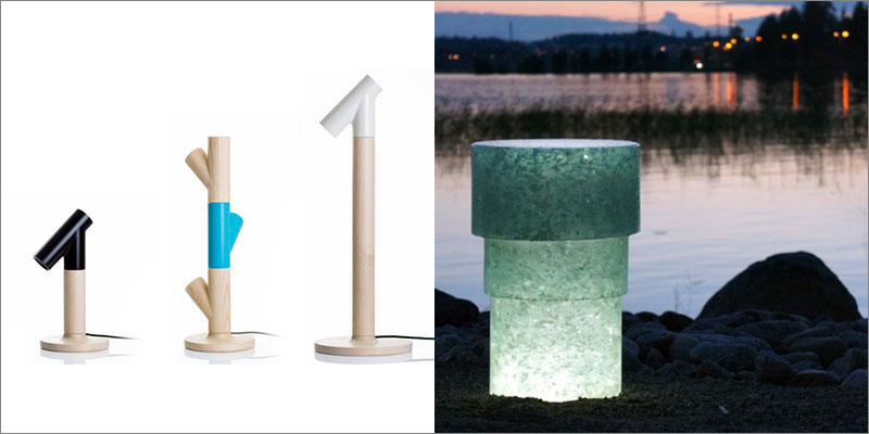 左：LED照明器具の製造元「Upwood design（アップウッド・デザイン）」にデザインした卓上ランプ。右：2014年にユヴァスキュラ市に提供したPollard（ポッラルド）公共ランプの原料はリサイクルガラス。画像提供：ヨナス・ハカニエミ