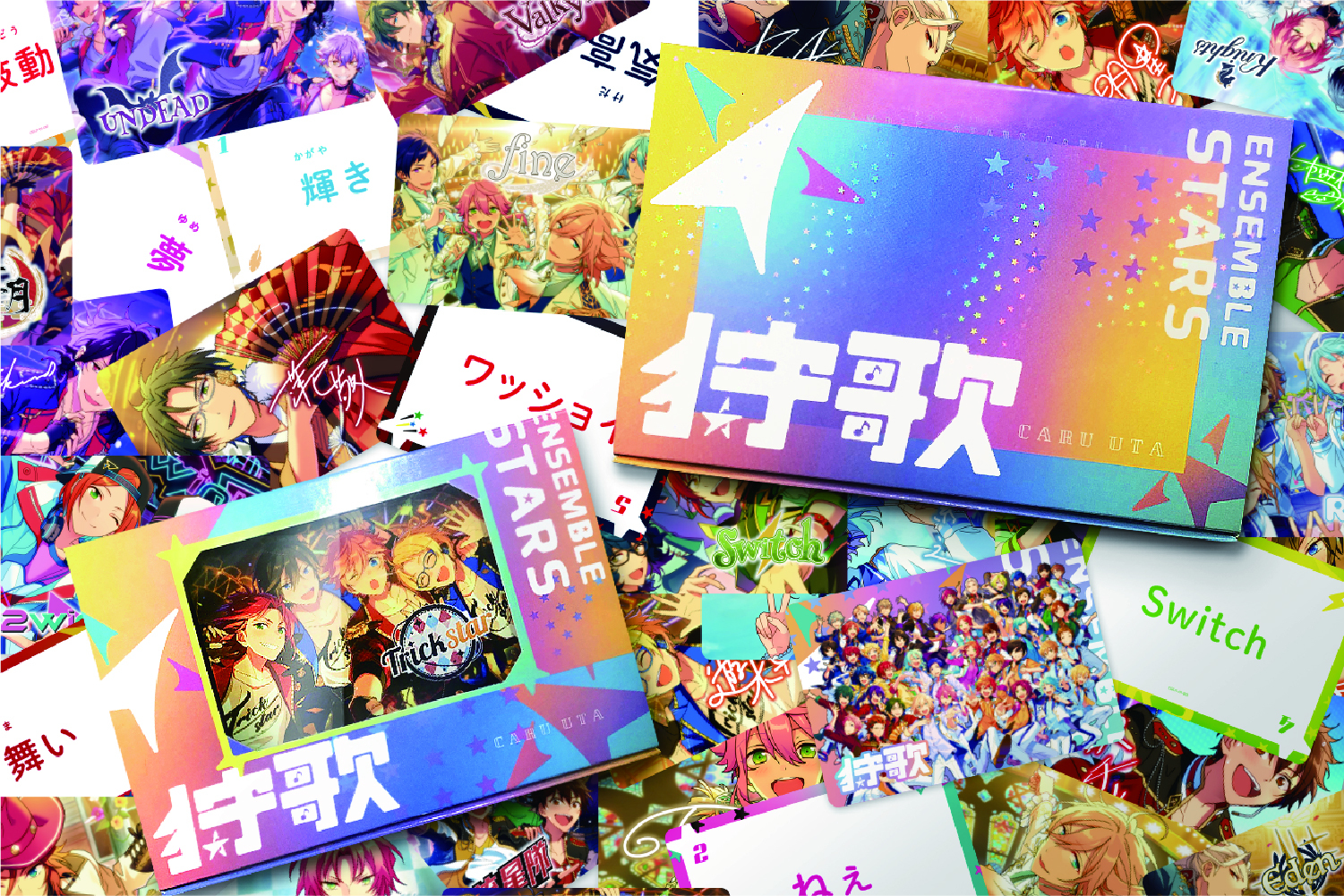 「カルタ」×「歌」=『狩歌』<br />
<br />
弊社ではボードゲーム『J-POPかるた 狩歌』のIPコラボ商品を制作しております。<br />
<br />
人気ソーシャルゲーム『あんさんぶるスターズ！』や、『ポルノグラフィティ』、『シド』などのコラボレーション実績がございます。<br />
<br />
ファンの方が実際に使うシーンはもちろん、コレクションしたくなる気持ちにも寄り添い、グッズを制作しています。